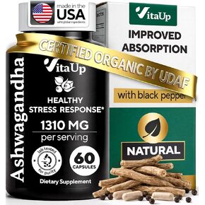 VitaUp Ashwagandha Capsules 1310mg with Black Pepper - USA Made Ashwagandha Supplements for Relaxation Support, Normal Cognitive Function & Balanced Energy Levels – 60 Caps in Kuwait