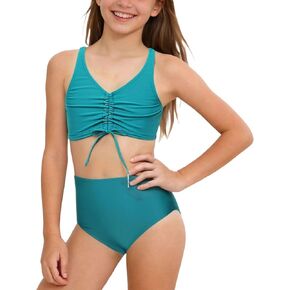 مايوه للبنات قطعتين من الجزء العلوي بطيات أمامية وجزء سفلي بيكيني ملابس سباحة كاجوال لطيفة مقاس 3-14 in Kuwait