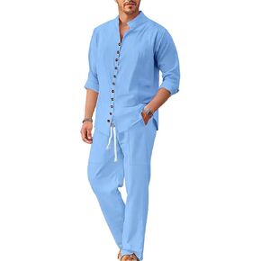 Mens Casual Outfits 2 Piece Set Cotton Linen Tracksuit Long Sleeve Button Down Shirt and Pants Matching Sets 2026 in Kuwait