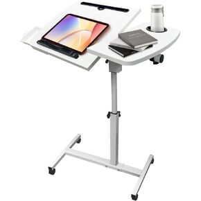 طاولة فوق السرير بعجلات ارتفاع قابل للتعديل، سطح مكتب قابل للإمالة مع صينية، طاولات فوق السرير متدحرجة بجانب السرير، مكتب طبي متنقل، لأريكة غرفة نوم مكتب المستشفى، أبيض in Kuwait
