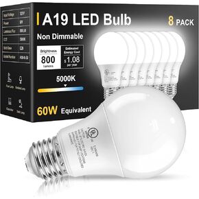 TJOY 6 حزمة مصابيح LED 60 وات مكافئة، ضوء النهار الأبيض 5000K A19، كفاءة 9W، E26 قاعدة قياسية، 800 LM مصابيح موفرة للطاقة للمنزل وغرفة النوم وغرفة المعيشة والمكتب، غير قابلة للتعتيم، مدرجة في قائمة UL in Kuwait