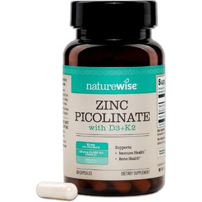 بيكولينات الزنك من NatureWise مع D3 + K2 - مكملات الزنك للرجال والنساء + فيتامين D3 K2 - يدعم صحة المناعة والعظام* - غير معدّل وراثيًا، خالي من الغلوتين، تم تصنيعه في الولايات المتحدة الأمريكية - 30 كبسولة [كمية تكفي لمدة 30 يومًا] in Kuwait