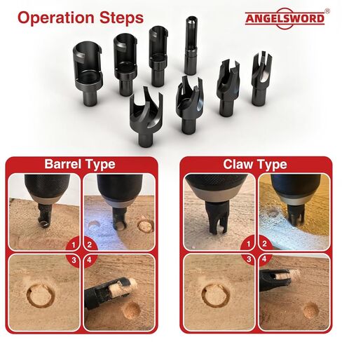 ANGELSWORD 8 PCS （Rusty） Wood Plug Cutter Drill Bit Set, 1/4", 3/8", 1/2", 5/8" Barrel Type and Claw Type with 1/4" Hex Shank, Plug Cutters for Woodworking in Saudi Arabia