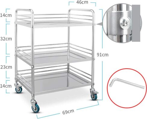 3-Storey with Universal Brake Wheels, Stainless Steel Cosmetic Trolley I Utility Trolley and Metal Frame I Transport Trolley for Professional Use,304 Anti-Iodine Stainless Steel in Saudi Arabia