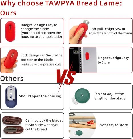 أداة تسجيل عجينة الخبز، أداة تسجيل العجين المخمر قابلة للسحب مع شفرة من الفولاذ المقاوم للصدأ لخبز الخبز، وإكسسوارات مستلزمات الطبخ (أحمر) in Kuwait