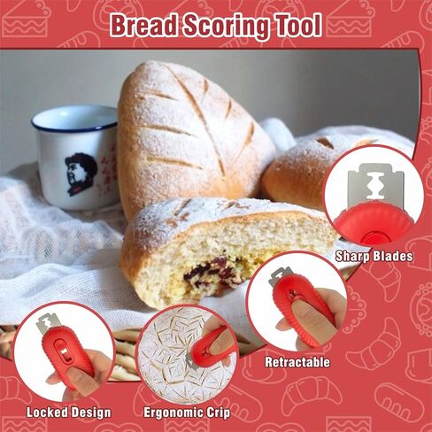 أداة تسجيل عجينة الخبز، أداة تسجيل العجين المخمر قابلة للسحب مع شفرة من الفولاذ المقاوم للصدأ لخبز الخبز، وإكسسوارات مستلزمات الطبخ (أحمر) in Kuwait