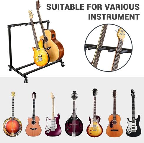 حامل حامل جيتار متعدد من CuisinSmart مع عجلات و7 حوامل حامل جيتار قابل للطي رف عرض مع تخزين حشوة مطاطية مانعة للانزلاق للمنزل الفرقة المرحلة باس استوديو كهربائي صوتي استخدام أسود in Kuwait