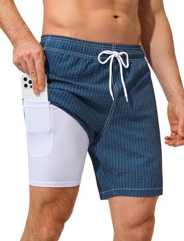 SILKWORLD Quick Dry Mens Swim Trunks with Compression Liner 7 inch Seesucker Bathing Suit Casual Shorts for Pool Beach in Kuwait