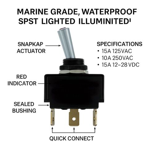 Nibras Toggle Rocker Switch LT-1511-610-012 SPST تشغيل/إيقاف، Snapkap مضاء باللون الأحمر، توصيل سريع ثلاثي الأطراف، حامل لوحة 0.5 بوصة، 3/4 حصان، 15 أمبير 125 فولت تيار متردد / 10 أمبير 250 فولت تيار متردد / 15 أمبير 12-28 فولت تيار مستمر، مدرج في قائمة C in Kuwait