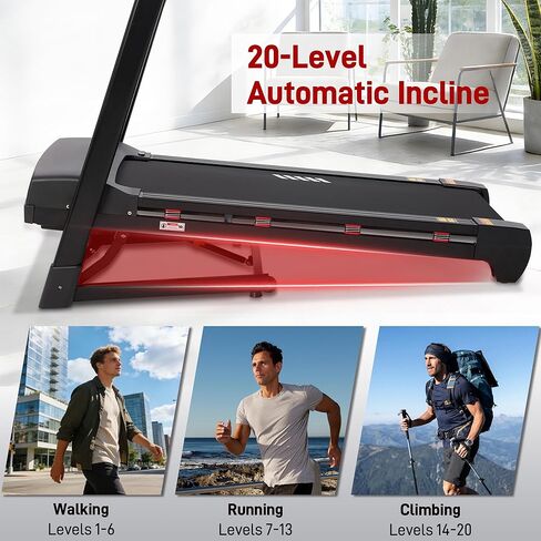 جهاز مشي عالي التحمل للمنزل، جهاز مشي تلقائي بـ 20 مستوى، سعة 500 رطل، سطح عريض 20 بوصة، 0.6-12 ميل في الساعة، 4.5 حصان، شاشة LED، مكبر صوت بلوتوث وتطبيق in Kuwait