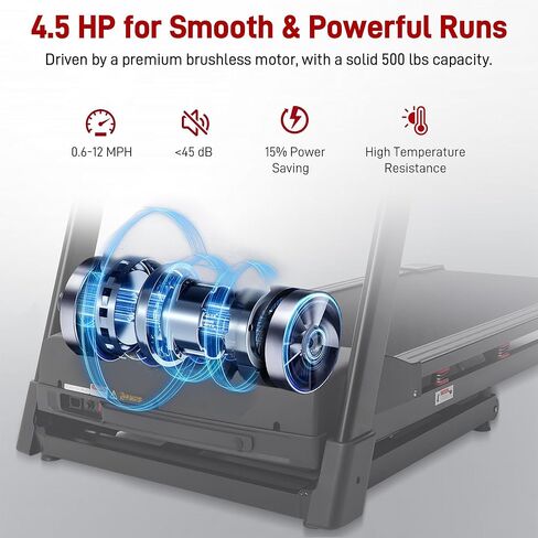 جهاز مشي عالي التحمل للمنزل، جهاز مشي تلقائي بـ 20 مستوى، سعة 500 رطل، سطح عريض 20 بوصة، 0.6-12 ميل في الساعة، 4.5 حصان، شاشة LED، مكبر صوت بلوتوث وتطبيق in Kuwait
