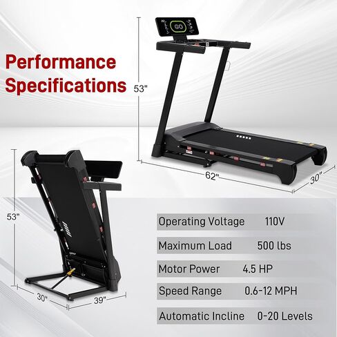 جهاز مشي عالي التحمل للمنزل، جهاز مشي تلقائي بـ 20 مستوى، سعة 500 رطل، سطح عريض 20 بوصة، 0.6-12 ميل في الساعة، 4.5 حصان، شاشة LED، مكبر صوت بلوتوث وتطبيق in Kuwait