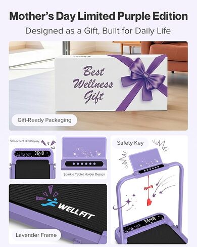 WELLFIT Folding Treadmill with Handlebar, 320 LBS Incline Walking Pad, Quiet Under Desk Treadmill for Home Office, APP & Voice Control, No Assembly Compact Foldable Treadmills, Purple Gift for Women in Kuwait