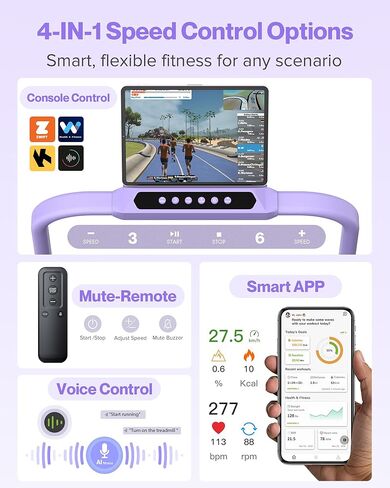 WELLFIT Folding Treadmill with Handlebar, 320 LBS Incline Walking Pad, Quiet Under Desk Treadmill for Home Office, APP & Voice Control, No Assembly Compact Foldable Treadmills, Purple Gift for Women in Kuwait