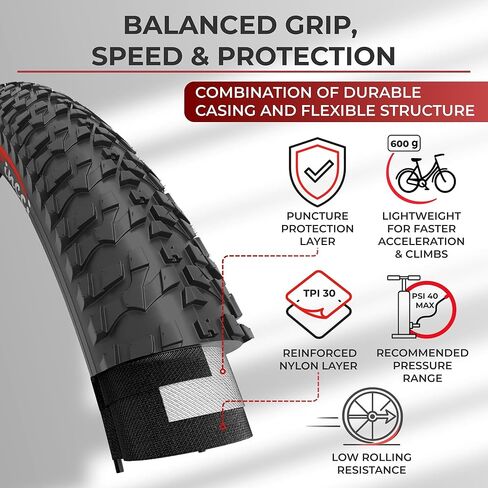 Fincci Set 20x1.95 Bike Tire with 2X 20 inch Bike Tube Schrader - Foldable MTB 20 inch Bike Tire, 53-406 - 30 TPI - Knobby Bike Tires 20" for Mountain & Trike & Folding & Electric & Tricycle Bikes in Saudi Arabia