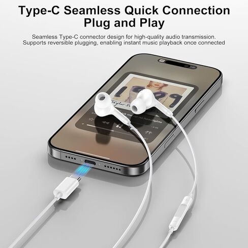 سماعة رأس USB C لـ Samsung Galaxy A16 A26 A36 A56 S25 ULTRA S24 S23 SAMSUNG أذن سلكية براعم الأذن في الأذن C مع إلغاء ضوضاء ستيريو باس في وحدة التحكم في مستوى الميكروفون لجهاز iPhone 17 16 16 16 in Kuwait