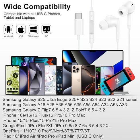 سماعة رأس USB C لـ Samsung Galaxy A16 A26 A36 A56 S25 ULTRA S24 S23 SAMSUNG أذن سلكية براعم الأذن في الأذن C مع إلغاء ضوضاء ستيريو باس في وحدة التحكم في مستوى الميكروفون لجهاز iPhone 17 16 16 16 in Kuwait