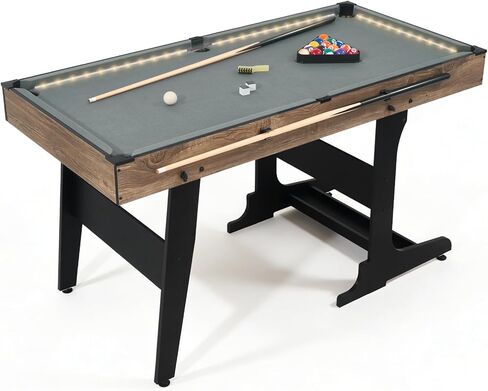 4.5FT Folding Pool Table with LED Lights, Portable Billiard Table with Built-in Cue & Ball Storage, Indoor Compact Game Table for Adults & Kids Home, Game Room, Includes Full Accessories in Kuwait