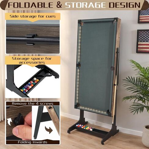 4.5FT Folding Pool Table with LED Lights, Portable Billiard Table with Built-in Cue & Ball Storage, Indoor Compact Game Table for Adults & Kids Home, Game Room, Includes Full Accessories in Kuwait