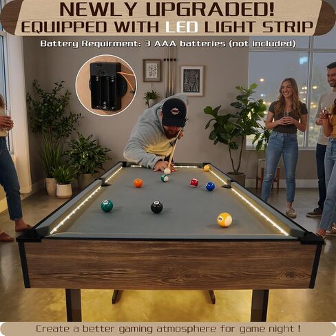 4.5FT Folding Pool Table with LED Lights, Portable Billiard Table with Built-in Cue & Ball Storage, Indoor Compact Game Table for Adults & Kids Home, Game Room, Includes Full Accessories in Kuwait