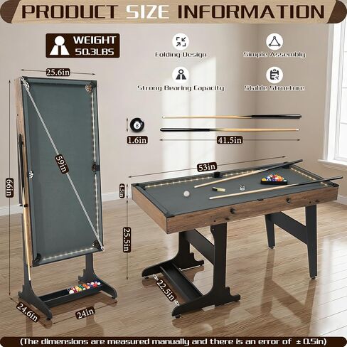 4.5FT Folding Pool Table with LED Lights, Portable Billiard Table with Built-in Cue & Ball Storage, Indoor Compact Game Table for Adults & Kids Home, Game Room, Includes Full Accessories in Kuwait