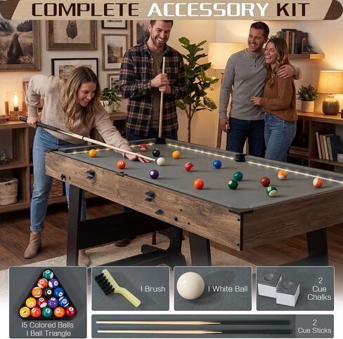 4.5FT Folding Pool Table with LED Lights, Portable Billiard Table with Built-in Cue & Ball Storage, Indoor Compact Game Table for Adults & Kids Home, Game Room, Includes Full Accessories in Kuwait