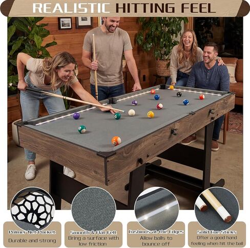 4.5FT Folding Pool Table with LED Lights, Portable Billiard Table with Built-in Cue & Ball Storage, Indoor Compact Game Table for Adults & Kids Home, Game Room, Includes Full Accessories in Kuwait