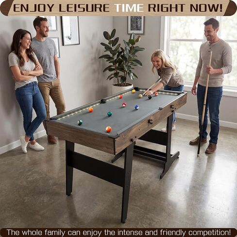 4.5FT Folding Pool Table with LED Lights, Portable Billiard Table with Built-in Cue & Ball Storage, Indoor Compact Game Table for Adults & Kids Home, Game Room, Includes Full Accessories in Kuwait