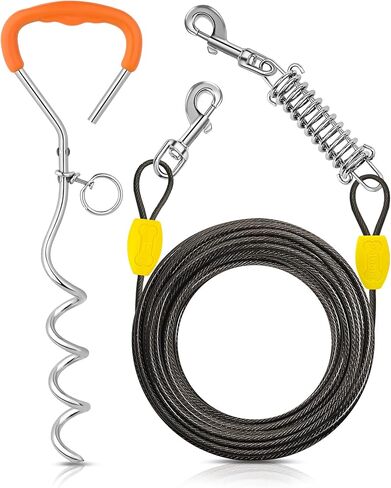 Petbobi Dog Tie-Out Cable and Stake - 30ft Heavy Duty Cable with Spring, No Tangle, 16in Ground Stake, Ideal for Yard, Camping and Beach, Suitable for Small Medium Large Dogs Up to 120 lbs, Blue in Kuwait