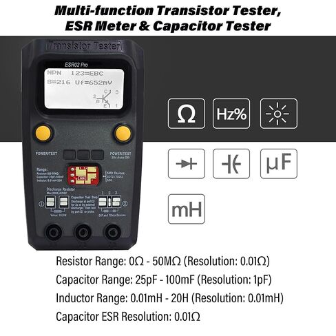 جهاز اختبار الترانزستور الرقمي ESR02 Pro، جهاز قياس ESR متعدد الوظائف واختبار المكثفات لاختبار مكونات الصمام الثنائي الثنائي المقاوم، الكشف التلقائي عن SMD، شاشة LCD بإضاءة خلفية in Kuwait