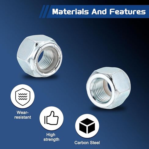 8Pcs Nylon Locking Hex Nuts - [1/2"-20], Carbon Steel Hardware Nuts, Blue and White, for Automotive, Aerospace, Industrial Applications Use in Kuwait