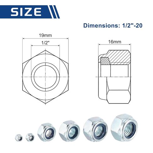8Pcs Nylon Locking Hex Nuts - [1/2"-20], Carbon Steel Hardware Nuts, Blue and White, for Automotive, Aerospace, Industrial Applications Use in Kuwait