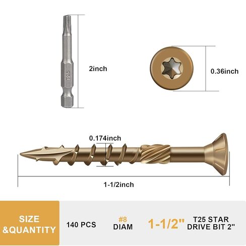 Deck Screws 1-1/2 Inch, Wood Screws #8×1-1/2, Golden Brown Rust Resistant Epoxy Coated, Outdoor Decking Screws, Torx/Star Drive Head Exterior Deck Screw, T25 Star Bit Included（1 lbs, 140 Pcs） in Saudi Arabia