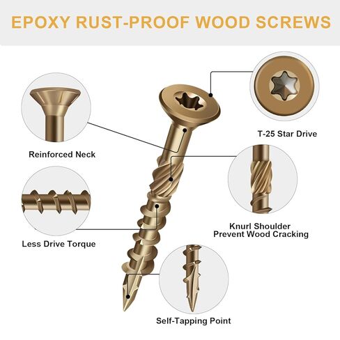 Deck Screws 1-1/2 Inch, Wood Screws #8×1-1/2, Golden Brown Rust Resistant Epoxy Coated, Outdoor Decking Screws, Torx/Star Drive Head Exterior Deck Screw, T25 Star Bit Included（1 lbs, 140 Pcs） in Saudi Arabia
