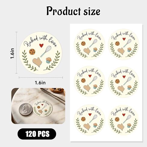 120 × مخبوزًا مع ملصقات الحب - ملصقات خبز مستدير 1.6 بوصة - ملصقات التغليف المطبخ والمطبخ محلي الصنع - مخبز ، ملفات تعريف الارتباط ، وملصقات أكياس الهدايا in Kuwait