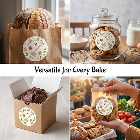 120 × مخبوزًا مع ملصقات الحب - ملصقات خبز مستدير 1.6 بوصة - ملصقات التغليف المطبخ والمطبخ محلي الصنع - مخبز ، ملفات تعريف الارتباط ، وملصقات أكياس الهدايا in Kuwait