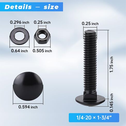 20 Sets 1/4-20 x 1-3/4" Black Carriage Bolts Screws and Hex Nuts & Flat Washers, 304 Stainless Steel 18-8, Round Head Square Neck, Full Thread Coverage in Saudi Arabia