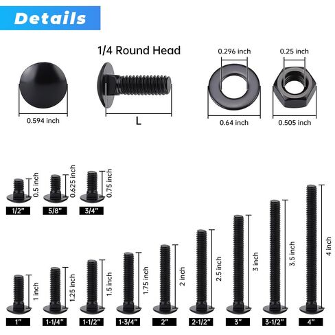 20 Sets 1/4-20 x 1-3/4" Black Carriage Bolts Screws and Hex Nuts & Flat Washers, 304 Stainless Steel 18-8, Round Head Square Neck, Full Thread Coverage in Saudi Arabia