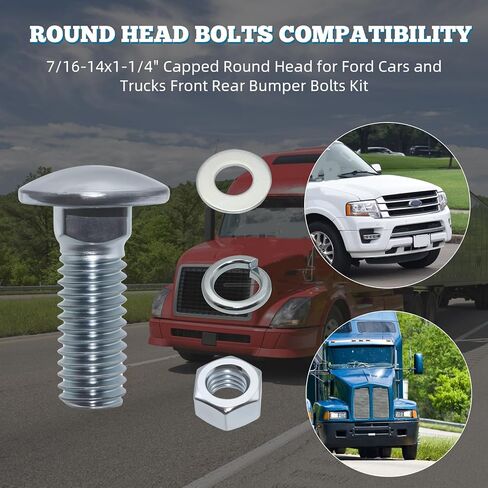 Capped Round Head Front Rear Bumper Bolts Kit for Ford 7/16-14X1-1/4 Grade 5 Long Carriage Head Bumper Bolt, with Hex Nuts, Washer, Lock Washers 8 - Set in Saudi Arabia