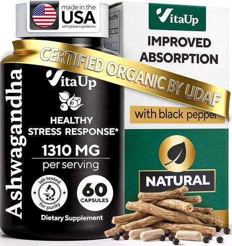 VitaUp Ashwagandha Capsules 1310mg with Black Pepper - USA Made Ashwagandha Supplements for Relaxation Support, Normal Cognitive Function & Balanced Energy Levels – 60 Caps in Kuwait
