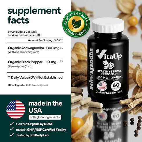 VitaUp Ashwagandha Capsules 1310mg with Black Pepper - USA Made Ashwagandha Supplements for Relaxation Support, Normal Cognitive Function & Balanced Energy Levels – 60 Caps in Kuwait