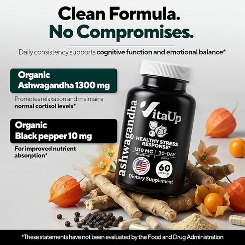 VitaUp Ashwagandha Capsules 1310mg with Black Pepper - USA Made Ashwagandha Supplements for Relaxation Support, Normal Cognitive Function & Balanced Energy Levels – 60 Caps in Kuwait