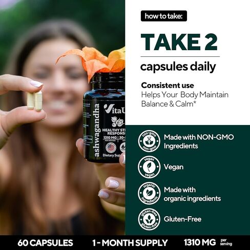 VitaUp Ashwagandha Capsules 1310mg with Black Pepper - USA Made Ashwagandha Supplements for Relaxation Support, Normal Cognitive Function & Balanced Energy Levels – 60 Caps in Kuwait