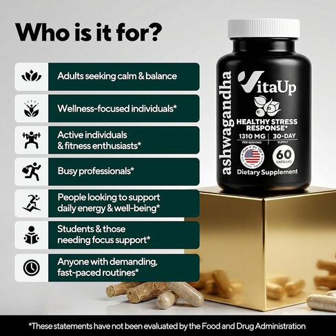 VitaUp Ashwagandha Capsules 1310mg with Black Pepper - USA Made Ashwagandha Supplements for Relaxation Support, Normal Cognitive Function & Balanced Energy Levels – 60 Caps in Kuwait