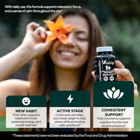 VitaUp Ashwagandha Capsules 1310mg with Black Pepper - USA Made Ashwagandha Supplements for Relaxation Support, Normal Cognitive Function & Balanced Energy Levels – 60 Caps in Kuwait