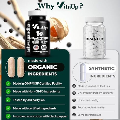 VitaUp Ashwagandha Capsules 1310mg with Black Pepper - USA Made Ashwagandha Supplements for Relaxation Support, Normal Cognitive Function & Balanced Energy Levels – 60 Caps in Kuwait