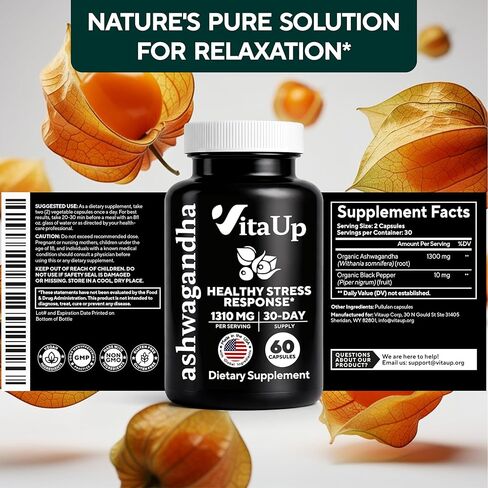 VitaUp Ashwagandha Capsules 1310mg with Black Pepper - USA Made Ashwagandha Supplements for Relaxation Support, Normal Cognitive Function & Balanced Energy Levels – 60 Caps in Kuwait