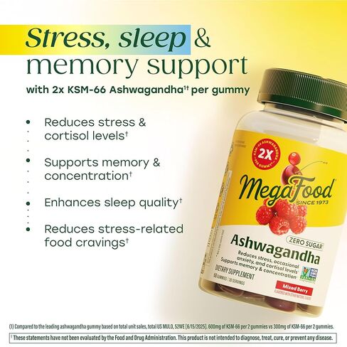 MegaFood Zero Sugar Ashwagandha Gummies - with Clinically Studied Ashwagandha KSM 66 - Cortisol Reducer & Stress Support - Mixed Berry Flavor, No Gelatin, Vegan - 60 Gummy Vitamins, 30 Servings in Saudi Arabia