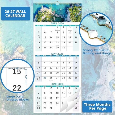 2026 Calendar, 3 Month Wall Calendar 2026 Vertical, 11" x 26"(when opened), December 2025 - January 2027, Move-A-Page, Wall Calendar 2026 for Organizing & Planning, Busy Families, Office, Kitchen in Kuwait