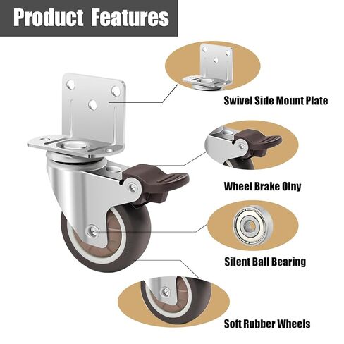 عجلات تثبيت جانبية مقاس 2 بوصة، عجلات مطاطية دوارة صغيرة على شكل حرف L، مجموعة من 4 قطع، مع مكابح، سعة 550 رطلًا، هادئة بدون خدش للأثاث وسرير الأطفال وطاولة خزانة المطبخ ومشاريع DIY in Kuwait